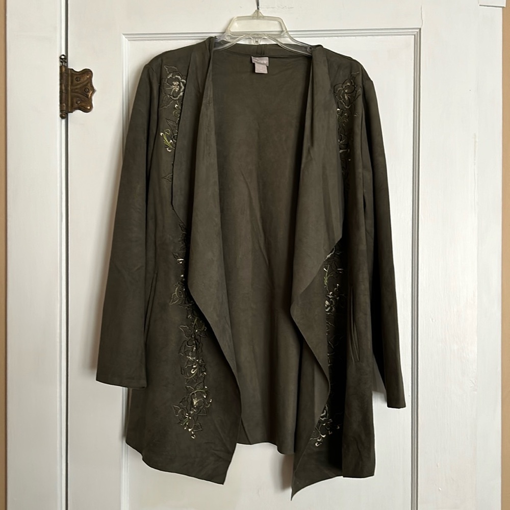 NWOT Chicos embroidered green suede cloth jacket 2(large)